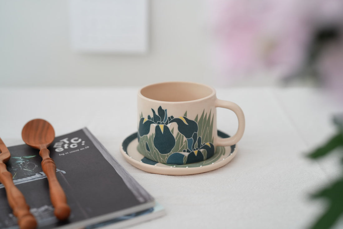 Shirogarasu Studio Blue Iris Mug with Saucer