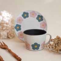 Kei Mitsumochi ミツ持啓 Pink & Lake Blue Flower Mug and Saucer KM49
