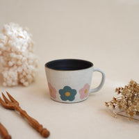 Kei Mitsumochi ミツ持啓 Pink & Lake Blue Flower Mug and Saucer KM49