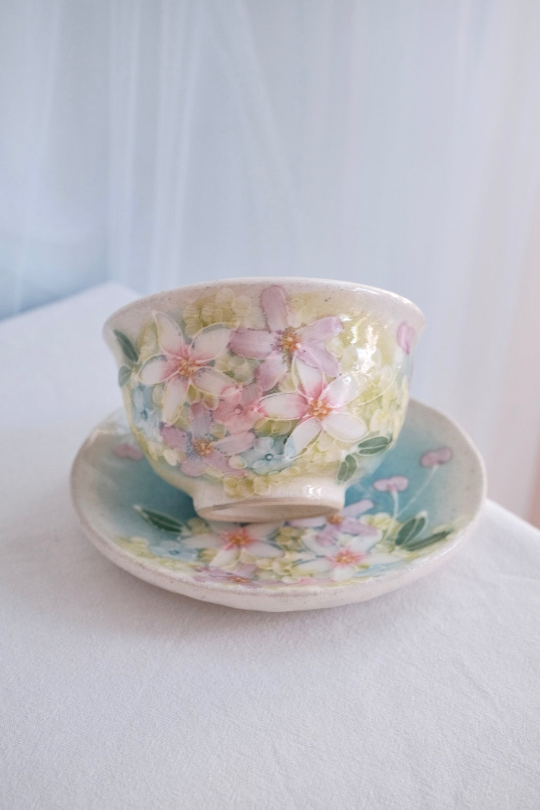 Seto Ware Flower Tea cup with Saucer - Green