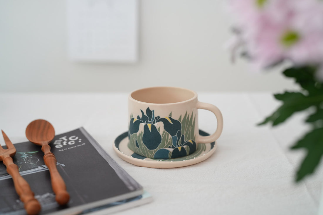 Shirogarasu Studio Blue Iris Mug with Saucer
