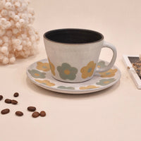 Kei Mitsumochi ミツ持啓 Green & Yellow Flower Mug and Saucer KM53