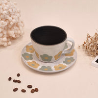 Kei Mitsumochi ミツ持啓 Green & Yellow Flower Mug and Saucer KM53