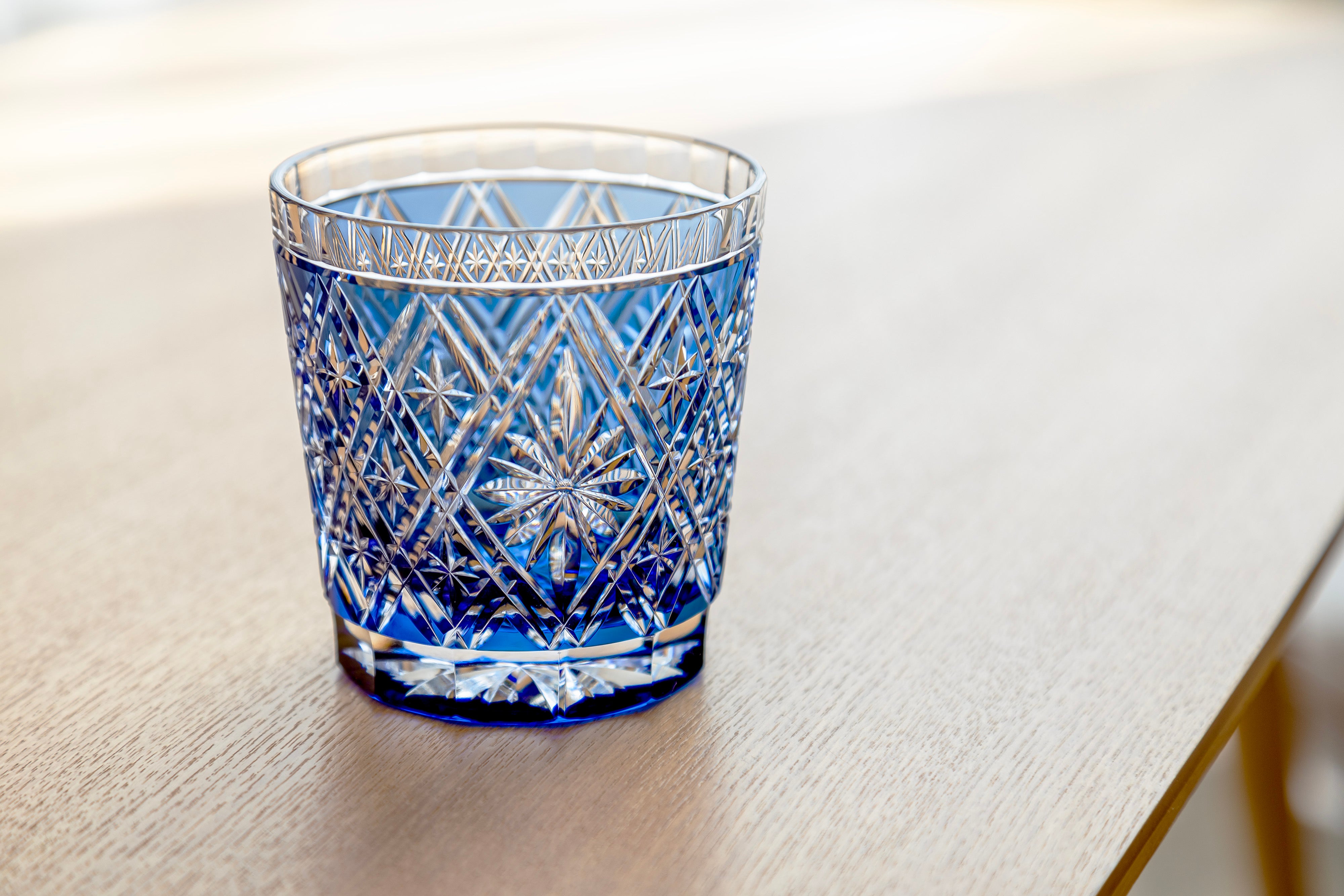 Kagami Crystal - Whiskey Glass, Edo Kiriko “Hishibana” Blue By