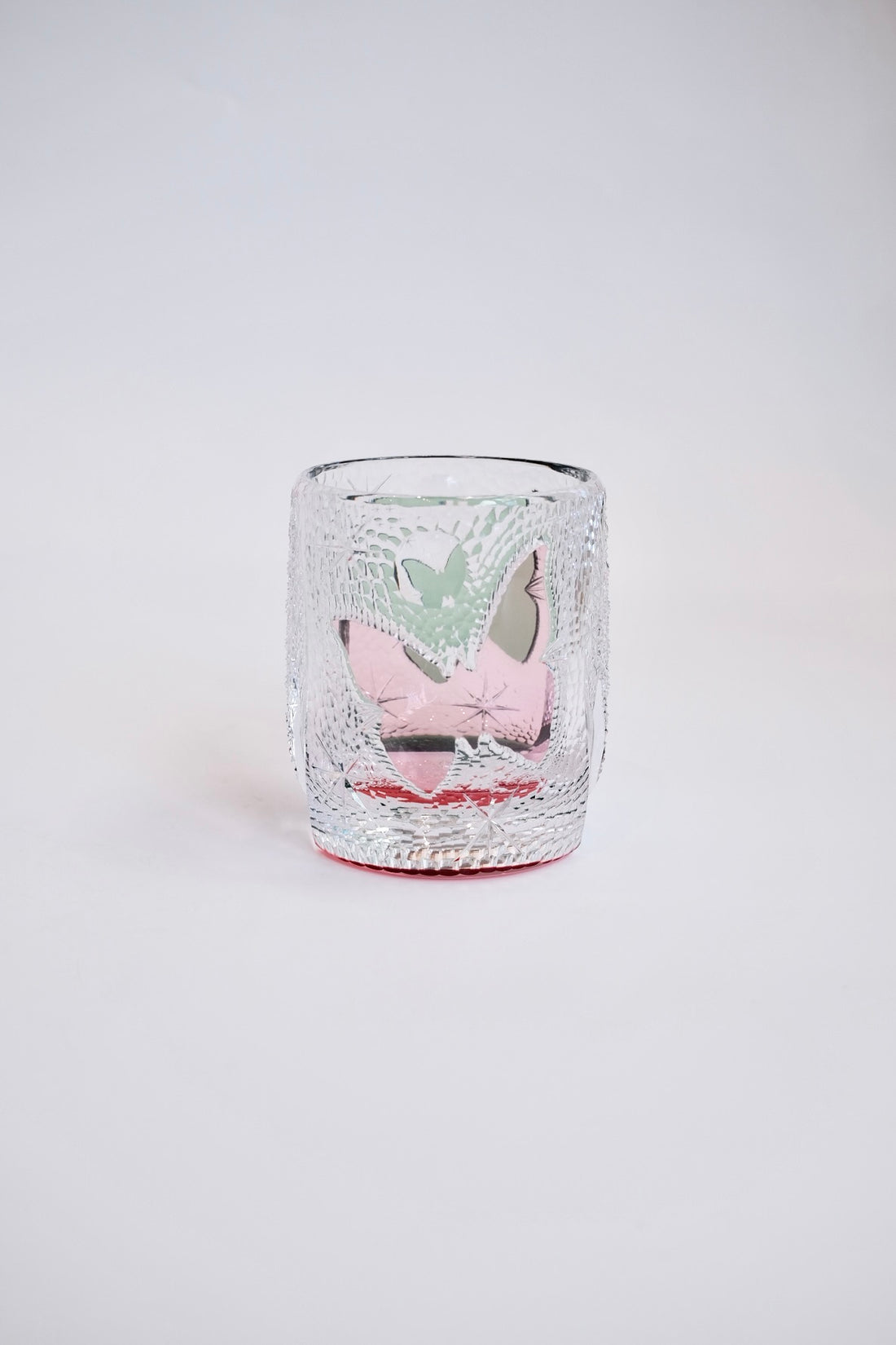 Edo Kiriko Whisky Glass Rock Glass "Butterfly" Green/Red by Junichi Nabetani, Master of traditional crafts
