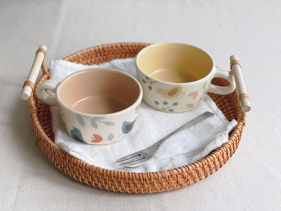 Buncho Pottery Bird and flower soup cup - Blue