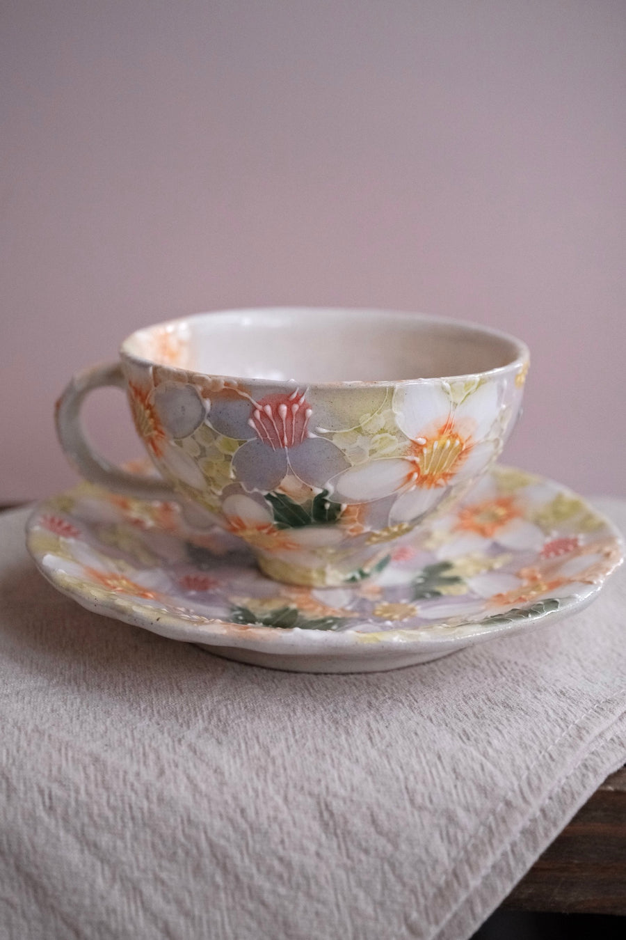 Seto Ware Flower Coffee Cup With Saucer