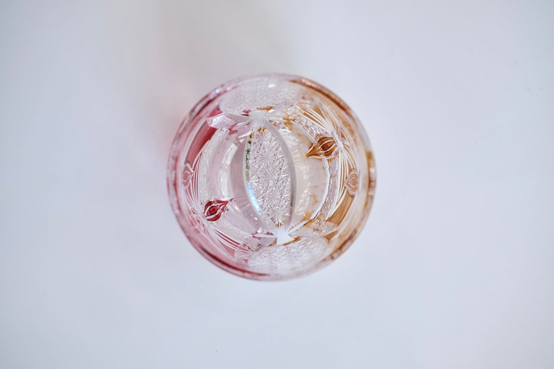 Edo Kiriko Whisky Glass Rock Glass "Flower" Yellow/Red by Junichi Nabetani, Master of traditional crafts