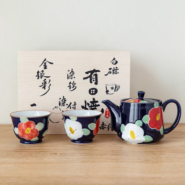 Arita Ware Hasami-Yaki Hand-Painted Blue Camellia Glaze Tea Set (1 Teapot + 2 Teacups)