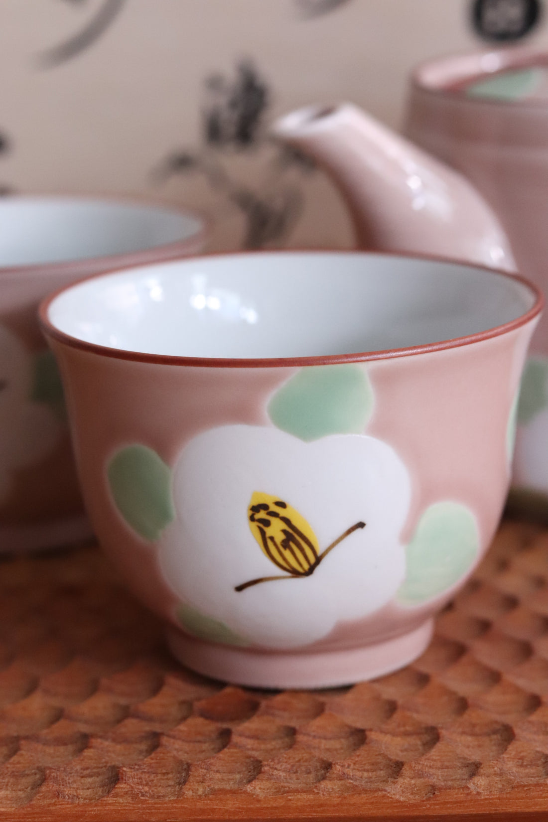 Arita Ware Hasami-Yaki Hand-Painted Pink Camellia Glaze Tea Set (1 Teapot + 2 Teacups)