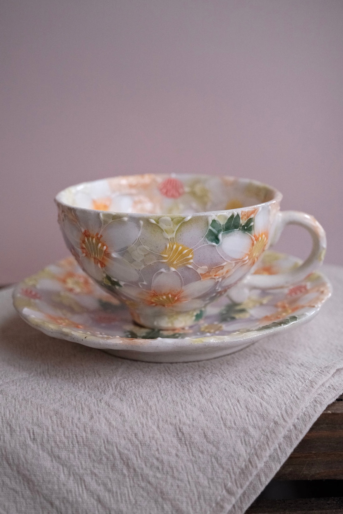 Seto Ware Flower Coffee Cup With Saucer