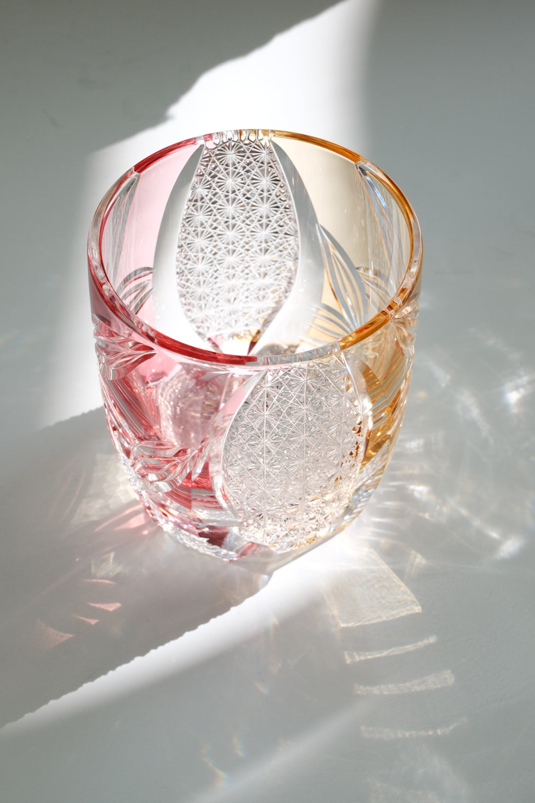 Edo Kiriko Whisky Glass Rock Glass "Flower" Yellow/Red by Junichi Nabetani, Master of traditional crafts
