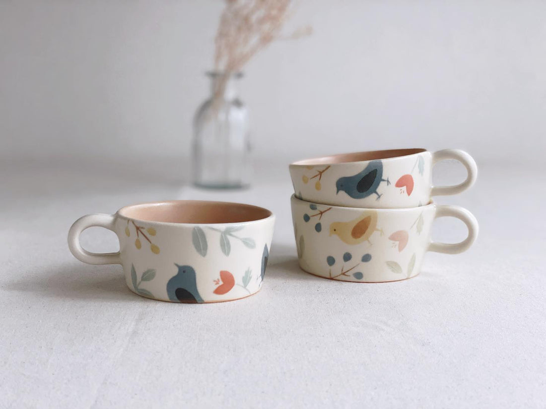 Buncho Pottery Bird and flower soup cup - Blue