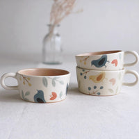 Buncho Pottery Bird and flower soup cup - Blue