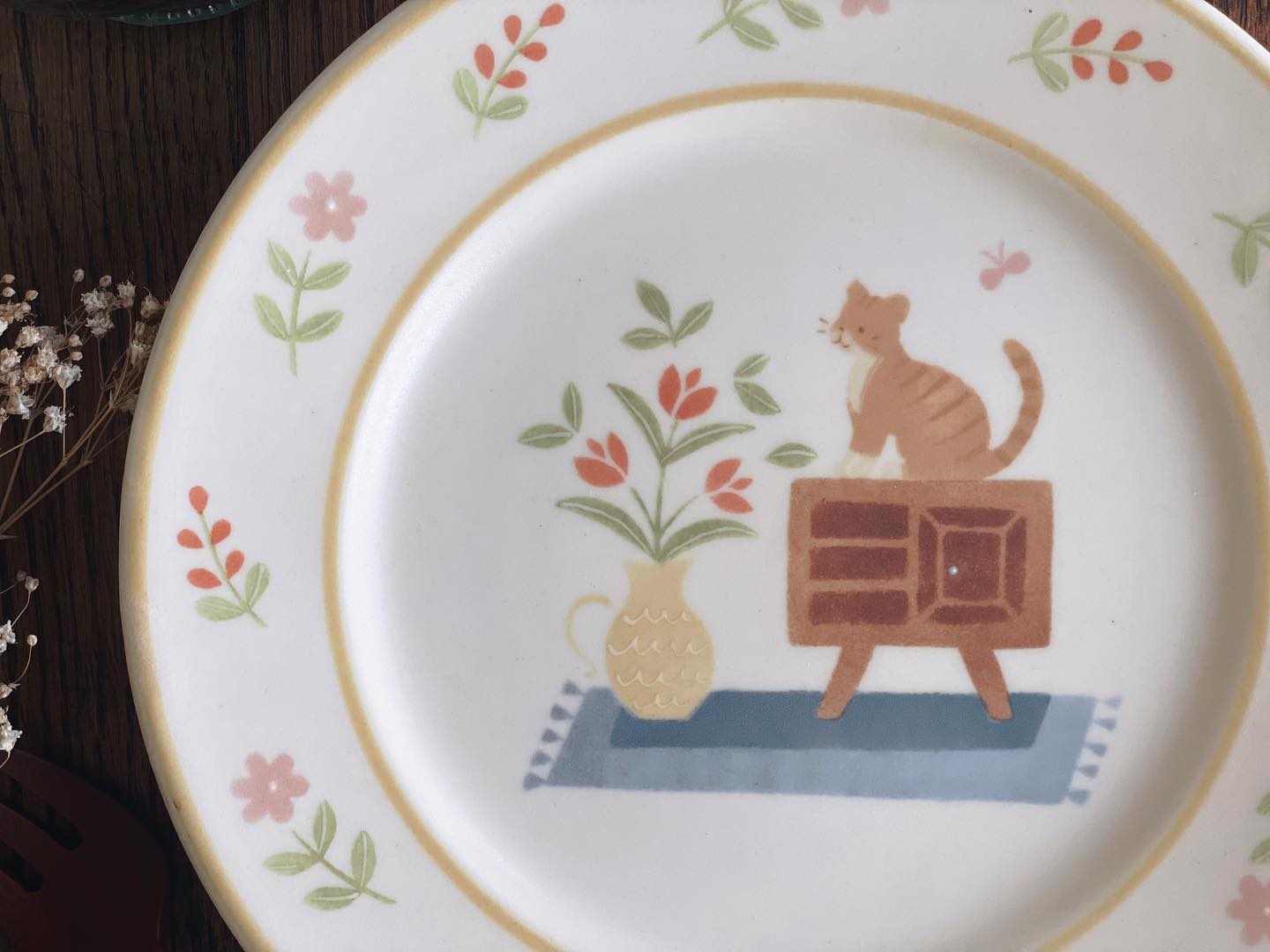 Buncho Pottery 7寸/cat and flower pasta plate