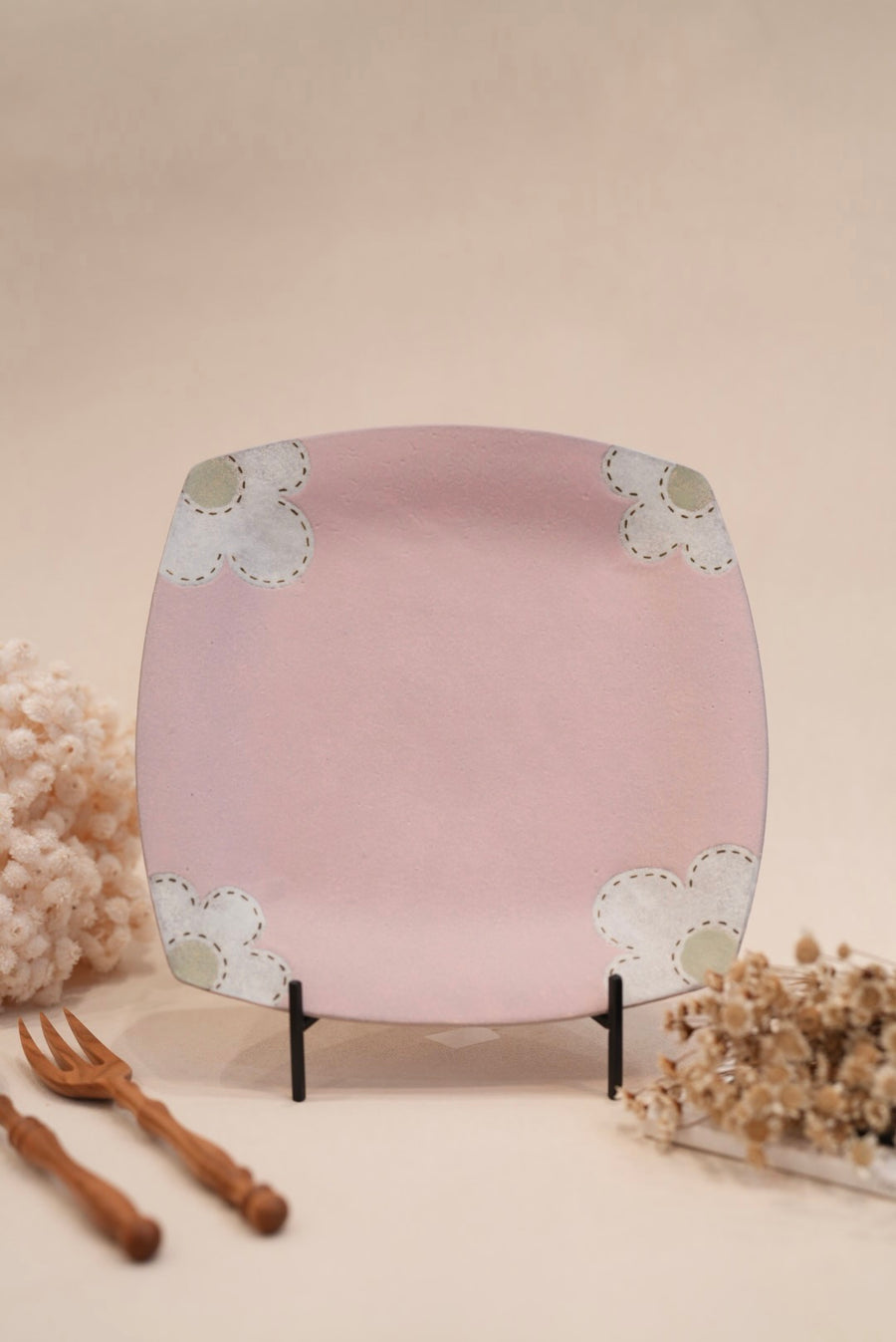 Kei Mitsumochi ミツ持啓 24cm Square Plate - Pink Flower KM23