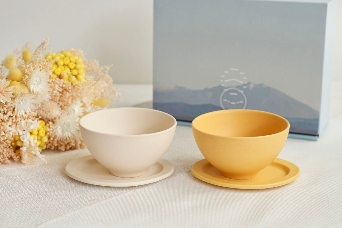 SAKUZAN Sara Gift B Set (2 Rice Bowls & 2 Small Oval Plates) - Cream x Yellow