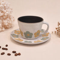 Kei Mitsumochi ミツ持啓 Green & Yellow Flower Mug and Saucer KM53