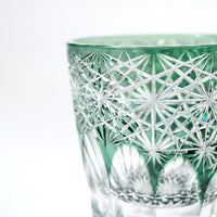 Edo Kiriko Whisky Glass Rock Glass "Large Chrysanthemum" Green by Junichi Nabetani, Master of traditional crafts