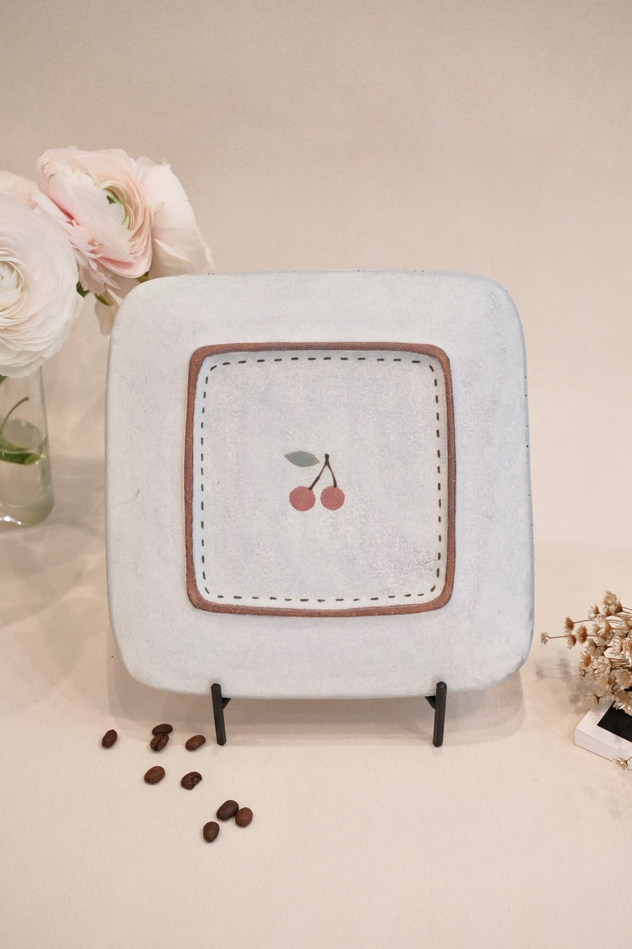 Kei Mitsumochi ミツ持啓 Square Plate - Checked Pattern Red Cherry KM18