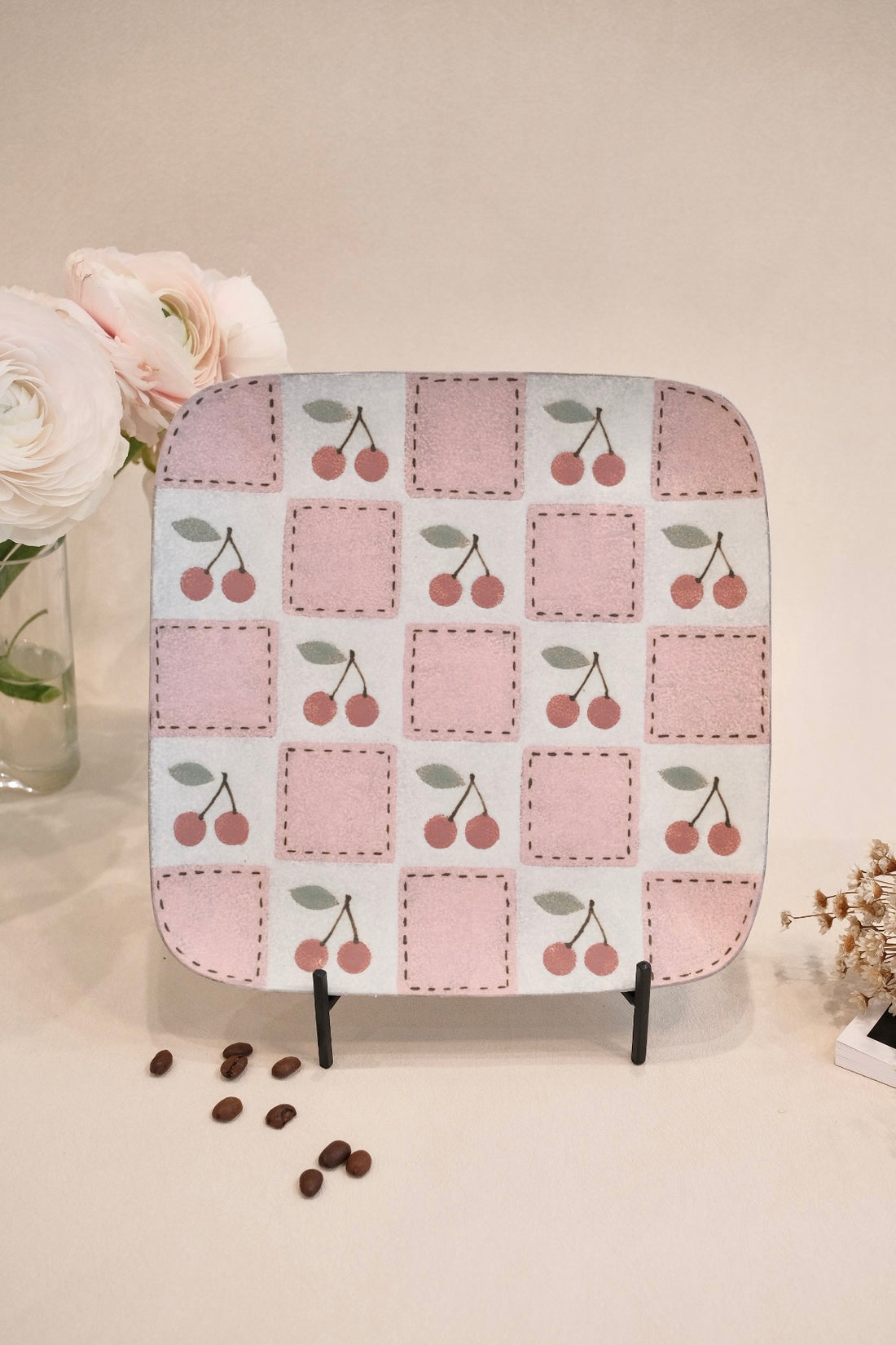 Kei Mitsumochi ミツ持啓 Square Plate - Checked Pattern Red Cherry KM18