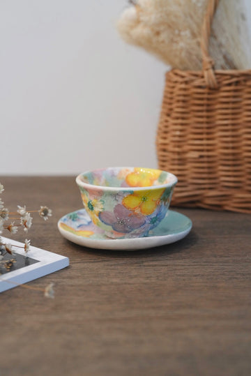 Seto Ware Flower Tea cup with Saucer - Green & Yellow