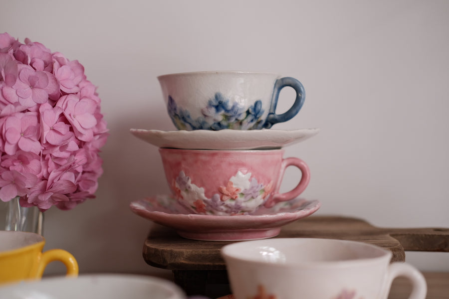 Seto-Yaki Embossed Flower Coffee Mug & Saucer Gift Set