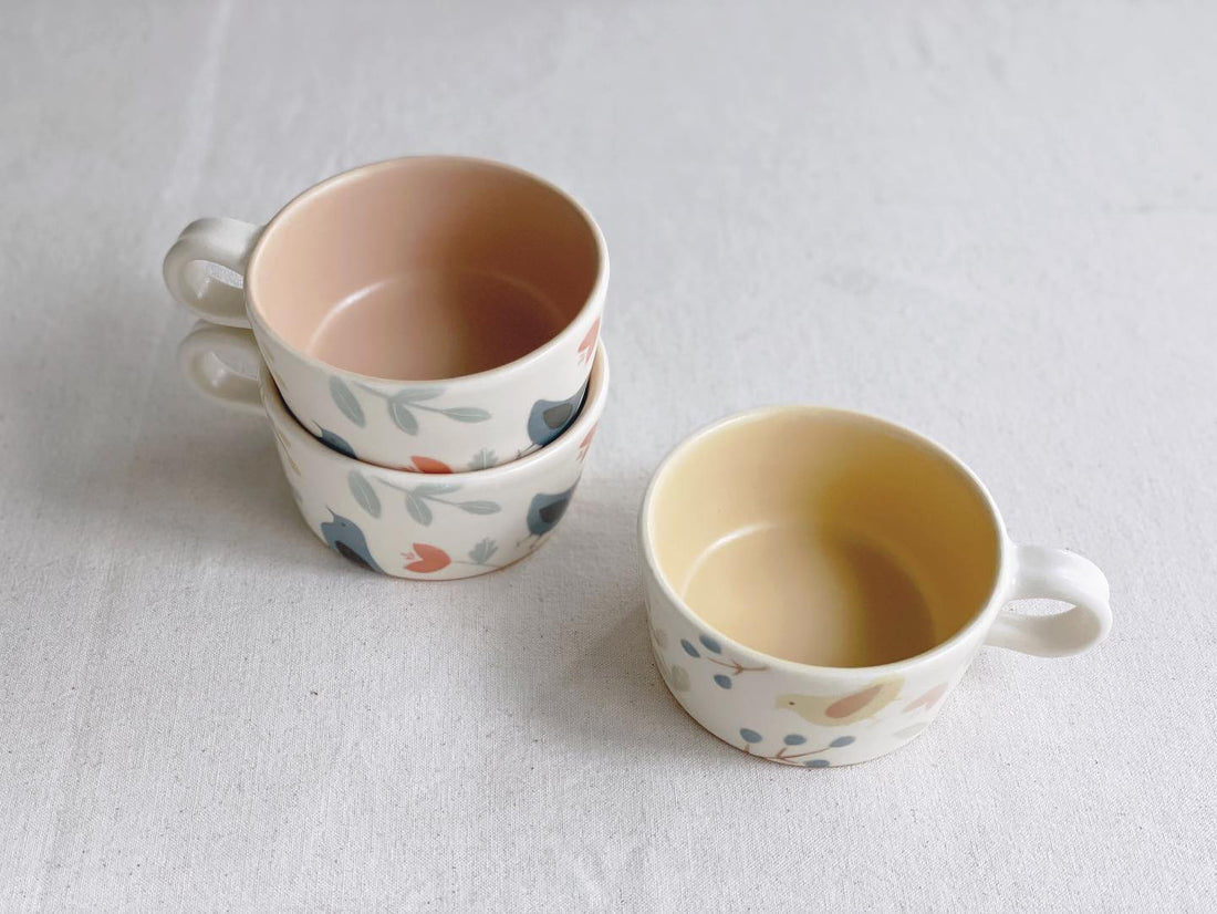 Buncho Pottery Bird and flower soup cup - Yellow