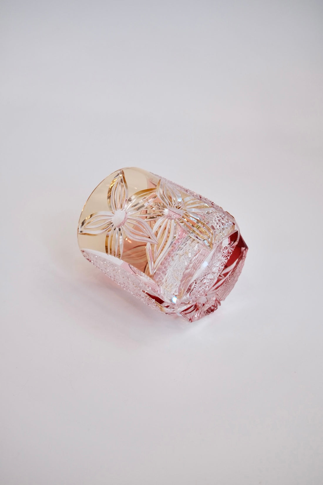 Edo Kiriko Whisky Glass Rock Glass "Flower" Yellow/Red by Junichi Nabetani, Master of traditional crafts