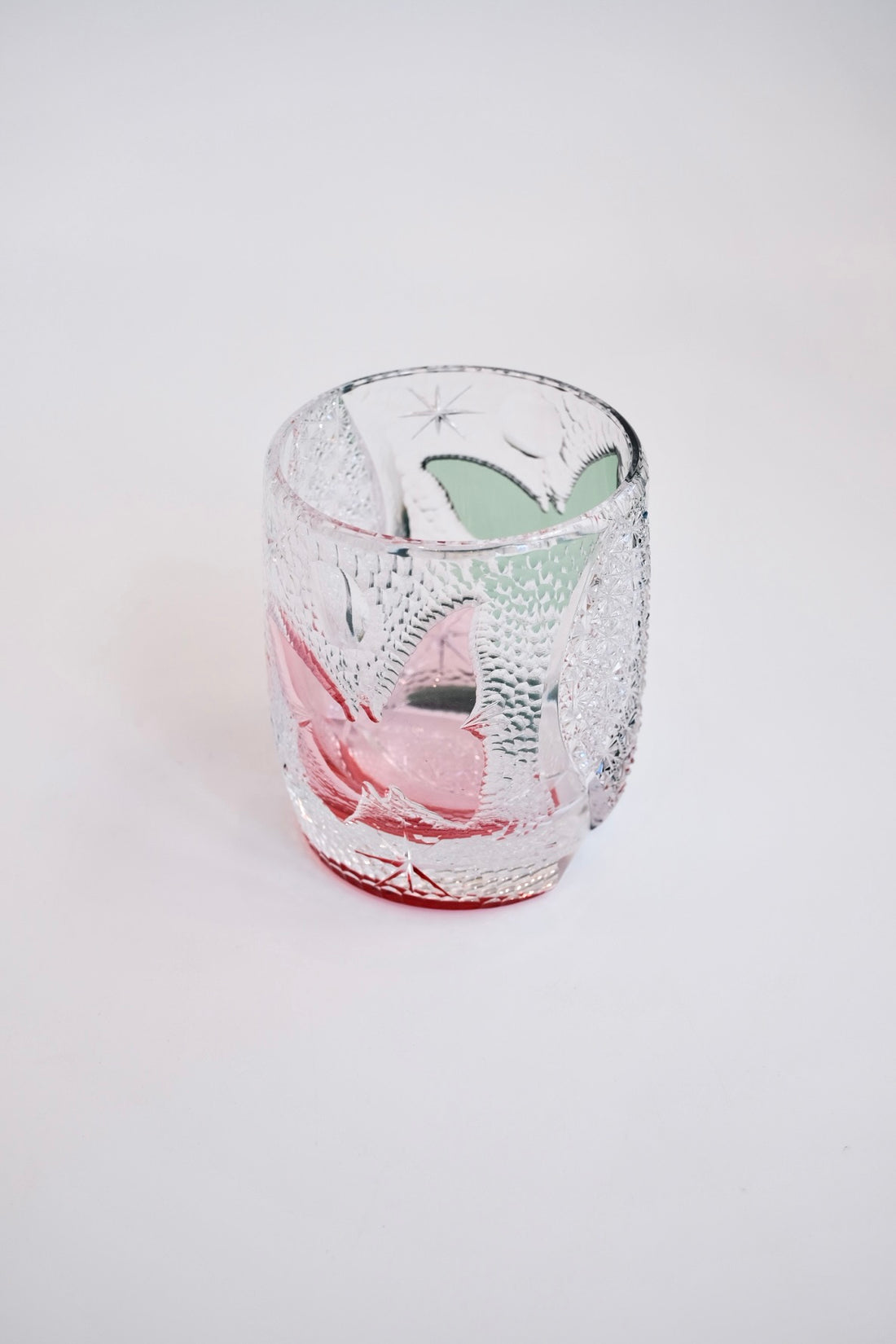 Edo Kiriko Whisky Glass Rock Glass "Butterfly" Green/Red by Junichi Nabetani, Master of traditional crafts