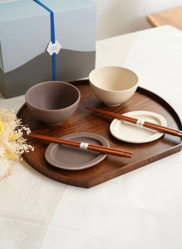 SAKUZAN Sara Gift B Set (2 Rice Bowls & 2 Small Oval Plates) - Cream x Brown