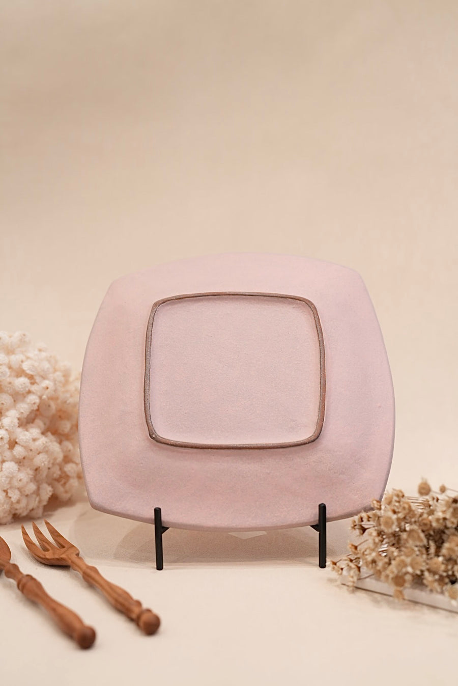 Kei Mitsumochi ミツ持啓 24cm Square Plate - Pink Flower KM23