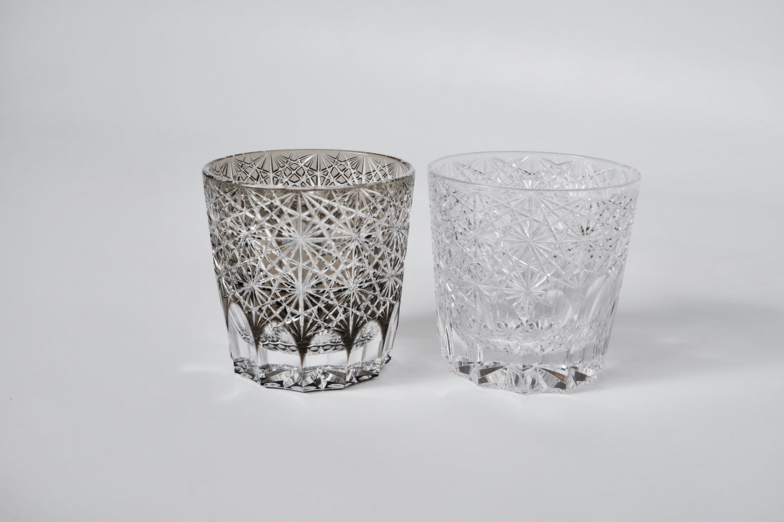 Edo Kiriko Whisky Glass Rock Glass "Large Chrysanthemum" Black by Junichi Nabetani, Master of traditional crafts