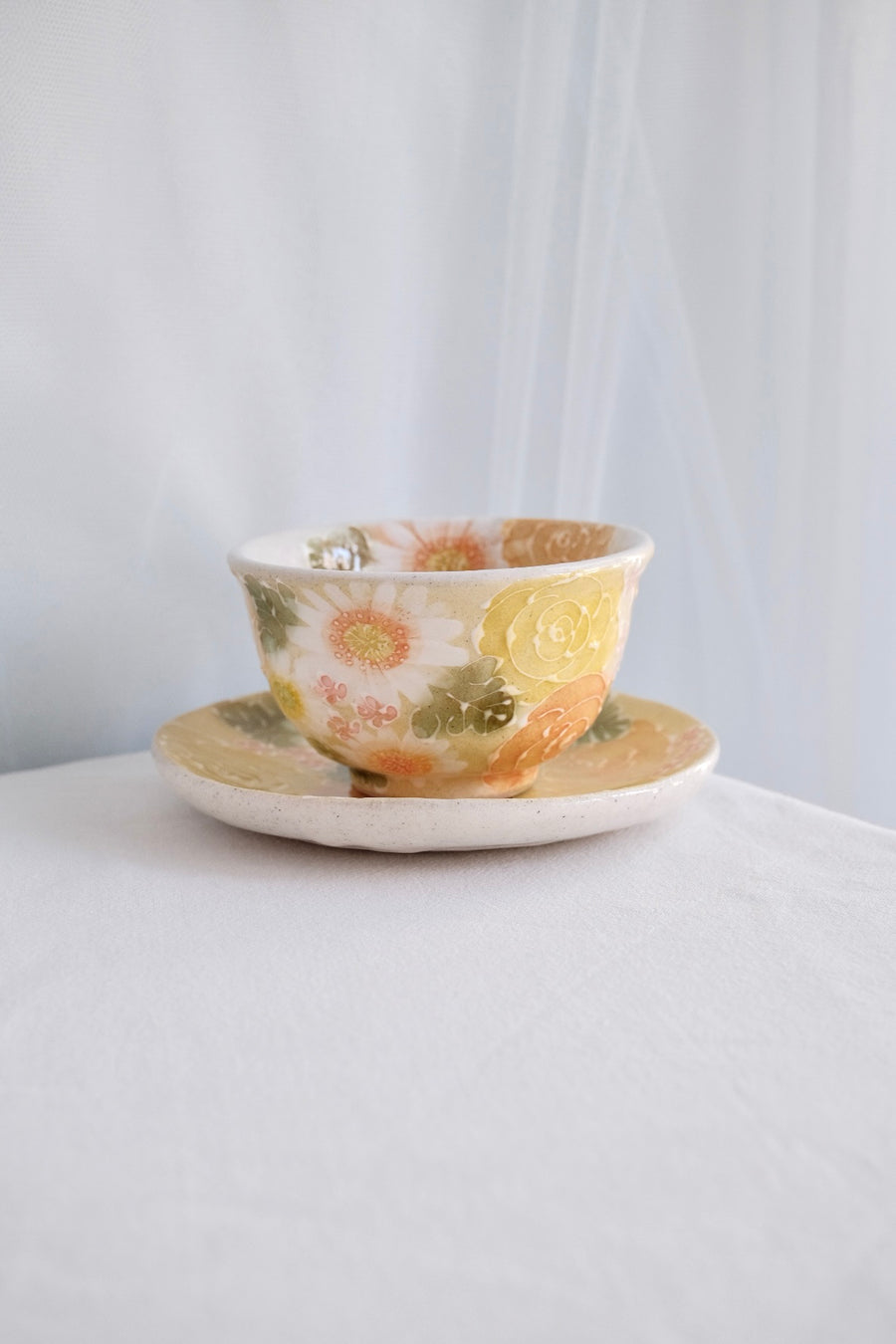 Seto Ware Flower Teapot and Tea cup with Saucer -Yellow