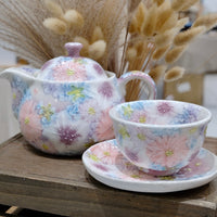 Seto Ware Flower Teapot and Tea cup with Saucer