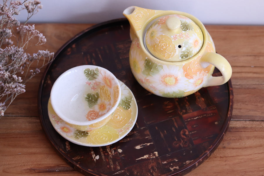 Seto Ware Flower Teapot and Tea cup with Saucer -Yellow