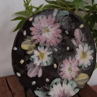 Iroe Hanageshou Hand-Painted Black Pasta Plate (Red Flower Pattern)