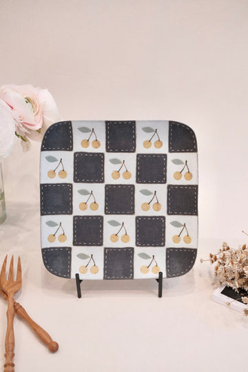 Kei Mitsumochi ミツ持啓 Square Plate - Checked Pattern Yellow Cherry KM19