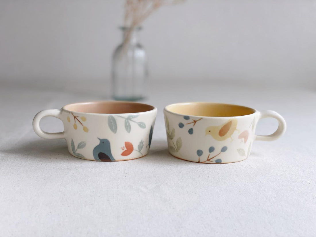 Buncho Pottery Bird and flower soup cup - Blue