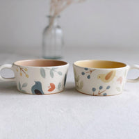 Buncho Pottery Bird and flower soup cup - Yellow