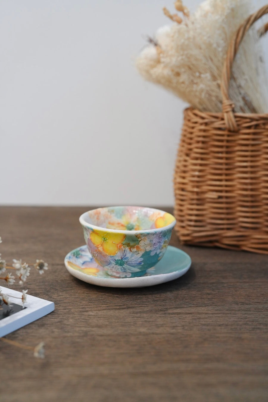 Seto Ware Flower Tea cup with Saucer - Green & Yellow