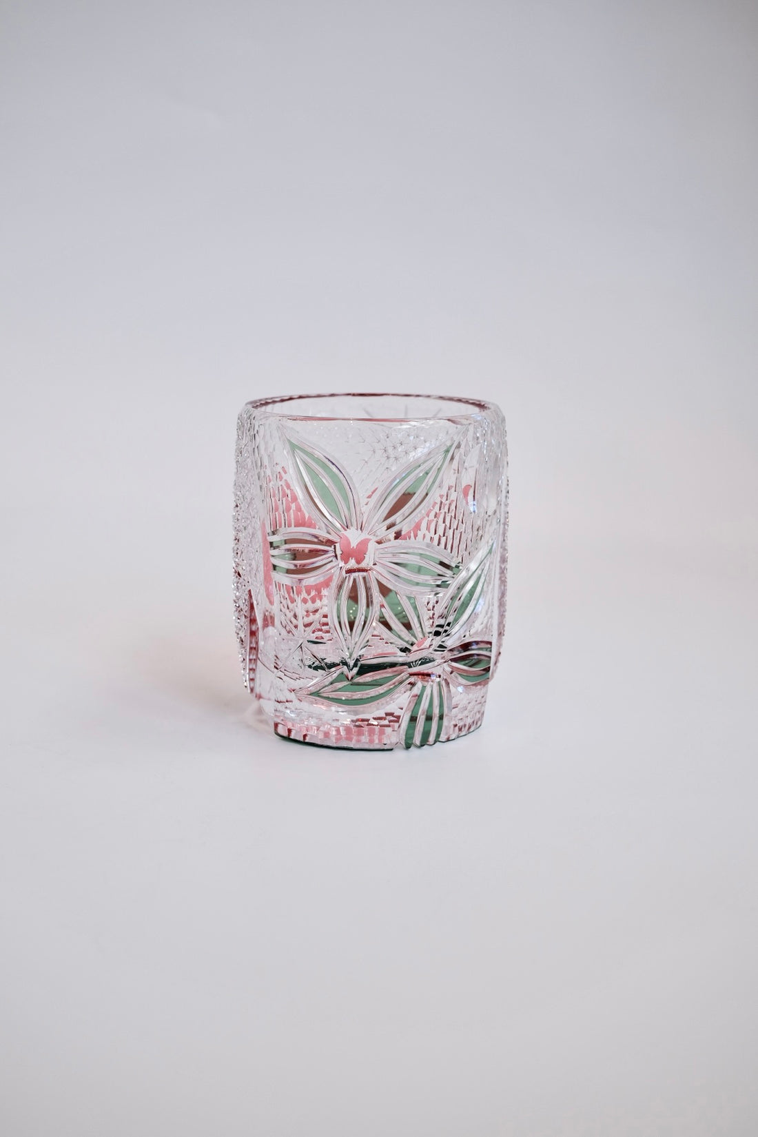 Edo Kiriko Whisky Glass Rock Glass "Buttfly with Flower" Green/Red by Junichi Nabetani, Master of traditional crafts
