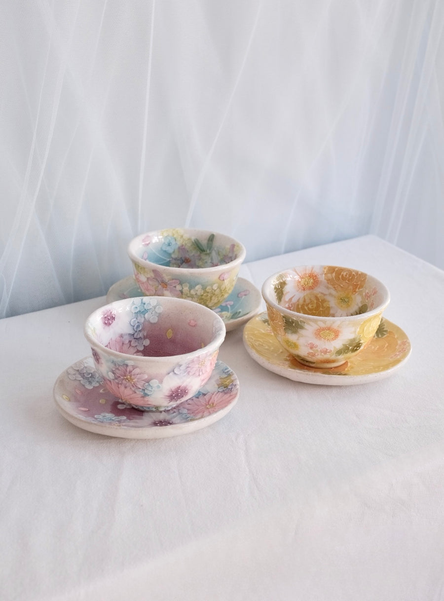 Seto Ware Flower Teapot and Tea cup with Saucer -Yellow