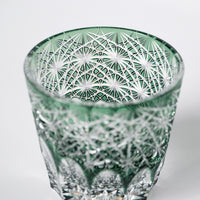 Edo Kiriko Whisky Glass Rock Glass "Large Chrysanthemum" Green by Junichi Nabetani, Master of traditional crafts