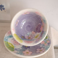 Seto Ware Flower Teapot and Tea cup with Saucer - Purple