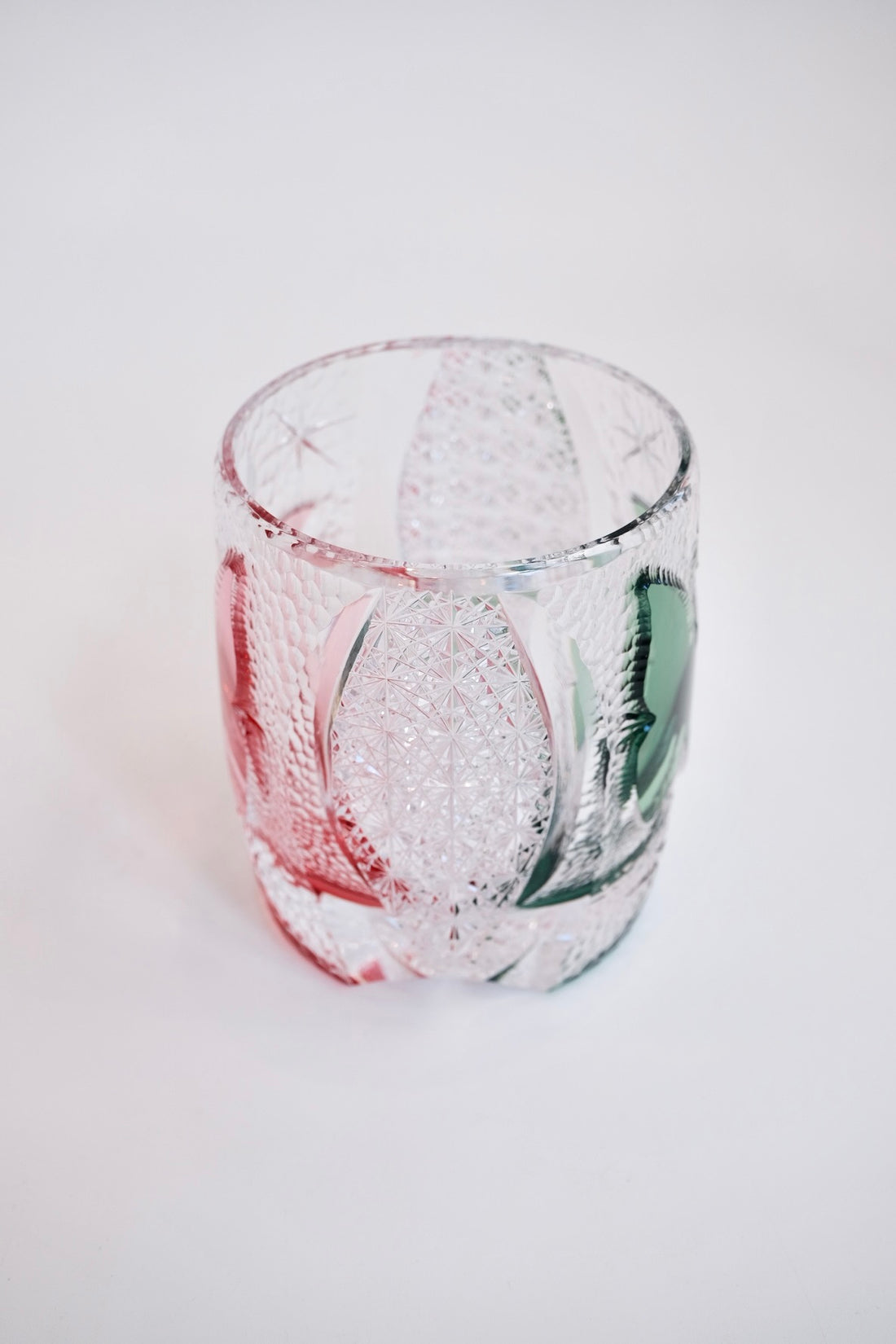 Edo Kiriko Whisky Glass Rock Glass "Butterfly" Green/Red by Junichi Nabetani, Master of traditional crafts