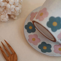 Kei Mitsumochi ミツ持啓 Pink & Lake Blue Flower Mug and Saucer KM49