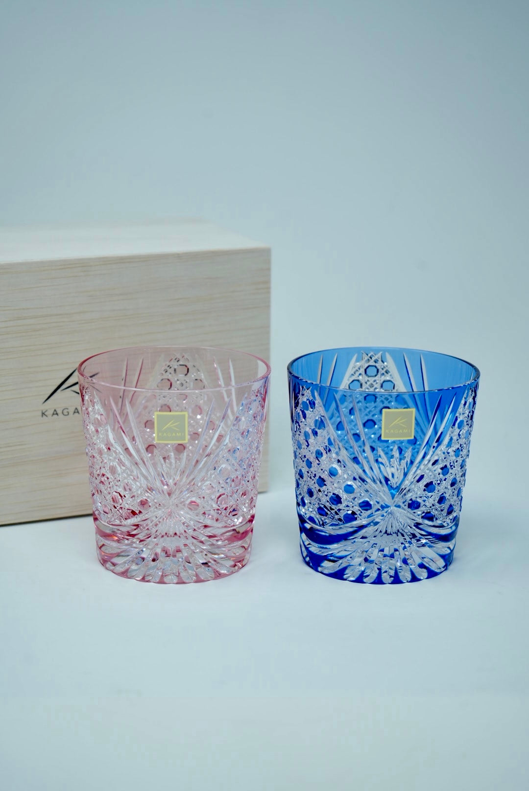 Kagami Crystal - A pair of Whisky Glasses, Edo Kiriko "Tasuki (sash)"