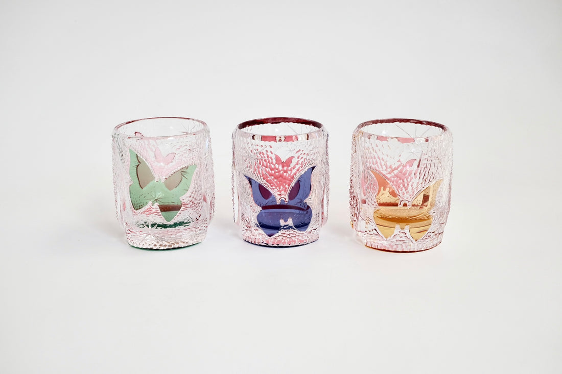Edo Kiriko Whisky Glass Rock Glass "Butterfly" Purple/Red by Junichi Nabetani, Master of traditional crafts