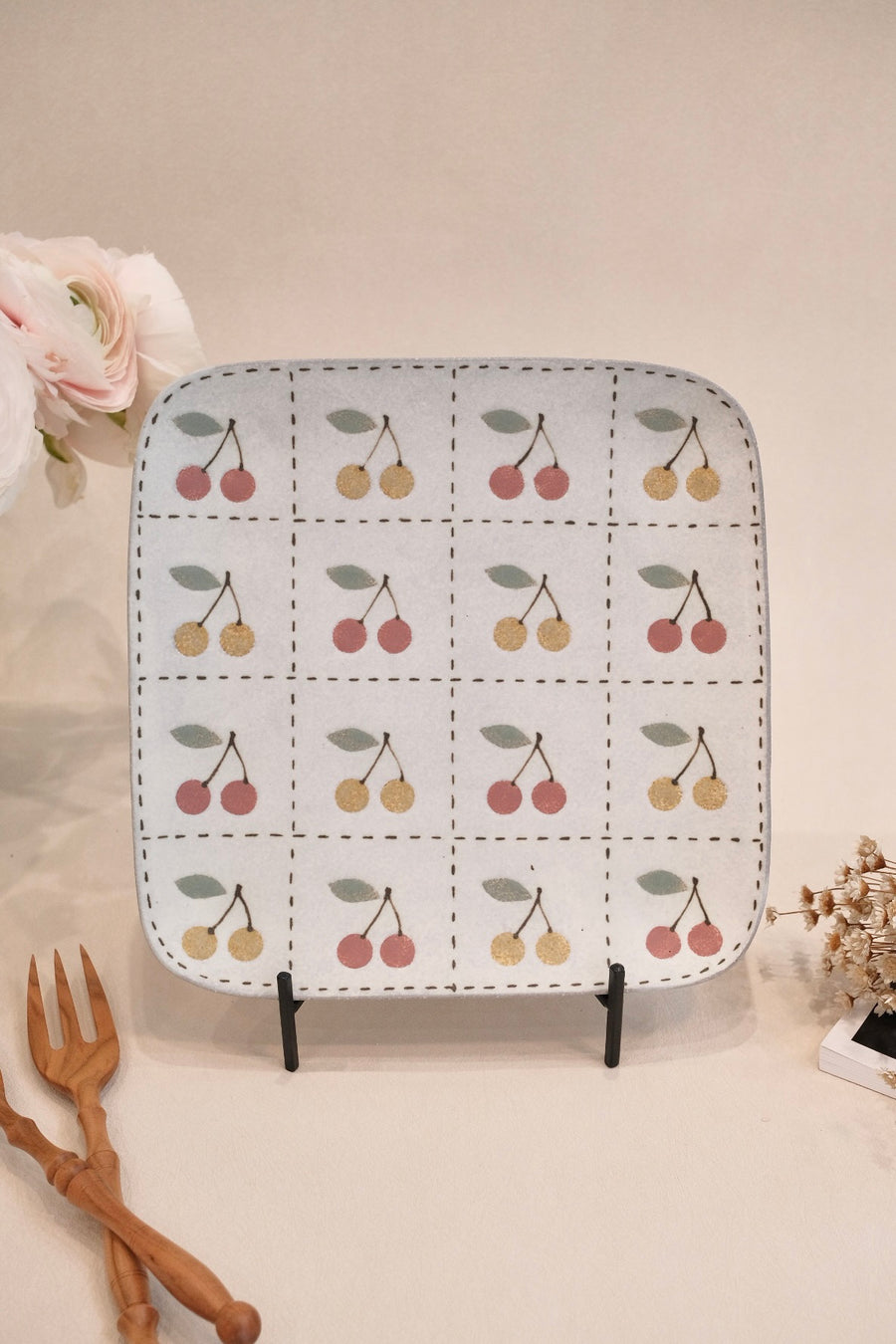 Kei Mitsumochi ミツ持啓 Square Plate - Checked Pattern Mix Cherry KM17